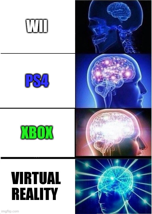 Expanding Brain | WII; PS4; XBOX; VIRTUAL REALITY | image tagged in memes,expanding brain | made w/ Imgflip meme maker