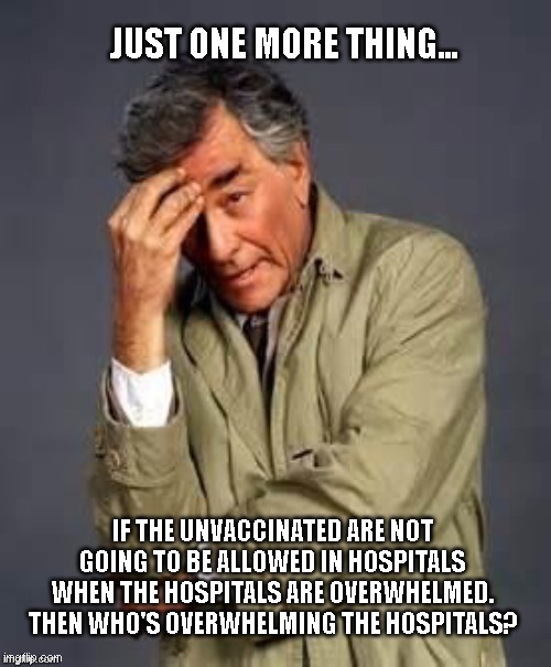 I couldn't think of a title. |  JUST ONE MORE THING... IF THE UNVACCINATED ARE NOT GOING TO BE ALLOWED IN HOSPITALS WHEN THE HOSPITALS ARE OVERWHELMED.
THEN WHO'S OVERWHELMING THE HOSPITALS? | image tagged in columbo,covid,vaccines,politics | made w/ Imgflip meme maker