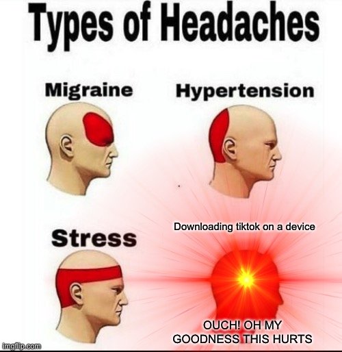 Types of headaches | Downloading tiktok on a device; OUCH! OH MY GOODNESS THIS HURTS | image tagged in tiktok sucks | made w/ Imgflip meme maker