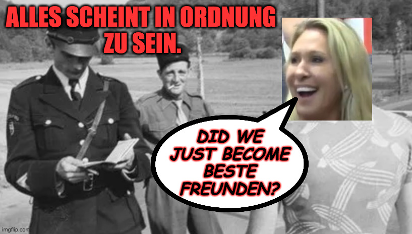 Papers!  Papers please! | ALLES SCHEINT IN ORDNUNG
                      ZU SEIN. DID WE
JUST BECOME
BESTE
FREUNDEN? | image tagged in memes,marjorie taylor greene,ausweis bitte,did we just become best friends | made w/ Imgflip meme maker