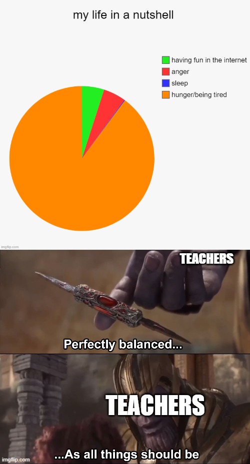 lol |  TEACHERS; TEACHERS | image tagged in thanos perfectly balanced as all things should be,hunger,life,anger,internet | made w/ Imgflip meme maker