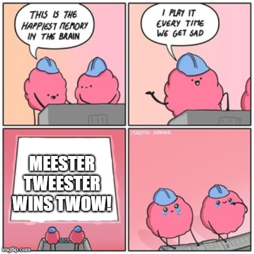 If you aren't familiar with this user then i am SnowballYT2. In september i couldn't get back into my google account so i used t | MEESTER TWEESTER WINS TWOW! | image tagged in the happiest memory in the brain | made w/ Imgflip meme maker