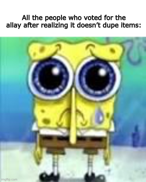 Stupid Allay | All the people who voted for the allay after realizing it doesn’t dupe items: | image tagged in minecraft,gaming,spongebob | made w/ Imgflip meme maker