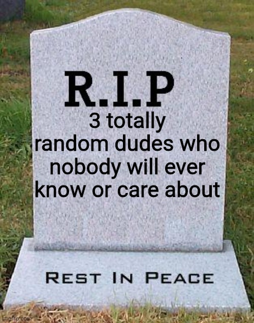 RIP headstone | 3 totally random dudes who nobody will ever know or care about | image tagged in rip headstone | made w/ Imgflip meme maker