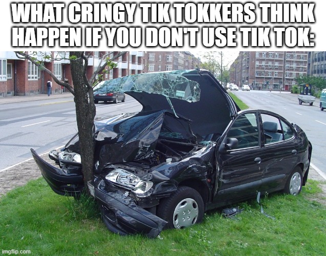 Car Crash | WHAT CRINGY TIK TOKKERS THINK HAPPEN IF YOU DON'T USE TIK TOK: | image tagged in car crash | made w/ Imgflip meme maker
