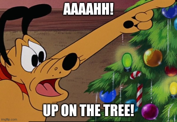 pluto afraid of the tree inside | AAAAHH! UP ON THE TREE! | image tagged in funny meme,silly | made w/ Imgflip meme maker