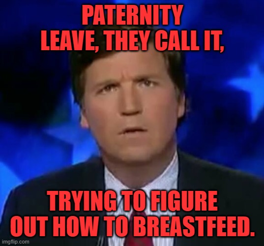 confused Tucker carlson | PATERNITY LEAVE, THEY CALL IT, TRYING TO FIGURE OUT HOW TO BREASTFEED. | image tagged in confused tucker carlson | made w/ Imgflip meme maker