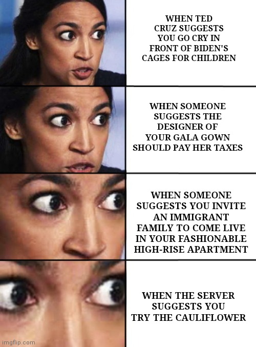 Anti-"colonialist cauliflower" AOC reacts | WHEN TED CRUZ SUGGESTS YOU GO CRY IN FRONT OF BIDEN'S CAGES FOR CHILDREN; WHEN SOMEONE SUGGESTS THE DESIGNER OF YOUR GALA GOWN SHOULD PAY HER TAXES; WHEN SOMEONE SUGGESTS YOU INVITE AN IMMIGRANT FAMILY TO COME LIVE IN YOUR FASHIONABLE HIGH-RISE APARTMENT; WHEN THE SERVER SUGGESTS YOU TRY THE CAULIFLOWER | image tagged in ocasio-cortez progressive,crazy aoc,leftist hypocrisy,alexandria ocasio-cortez,socialist,political humor | made w/ Imgflip meme maker