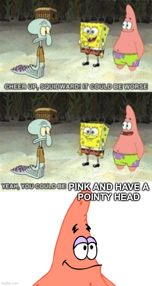 Squidward it could be worse | PINK AND HAVE A
POINTY HEAD | image tagged in squidward it could be worse,spongebob,squidward,funny,memes,patrick | made w/ Imgflip meme maker