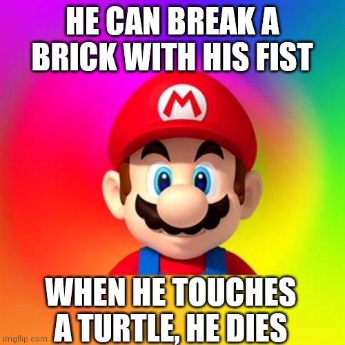 Mario says | HE CAN BREAK A BRICK WITH HIS FIST; WHEN HE TOUCHES A TURTLE, HE DIES | image tagged in mario says | made w/ Imgflip meme maker