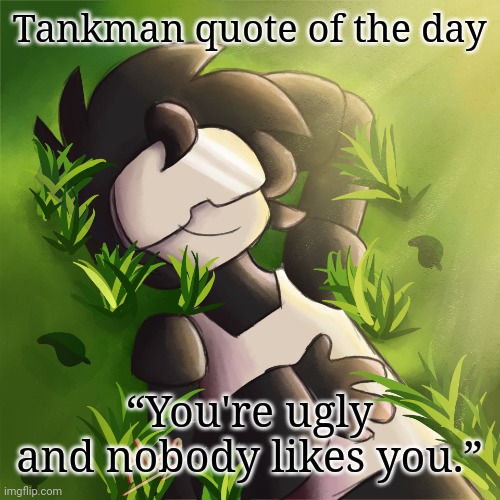 The posts in rareinsults: | Tankman quote of the day; “You're ugly and nobody likes you.” | image tagged in tankman on the grass what will he do | made w/ Imgflip meme maker