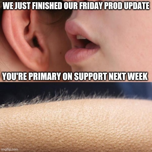 Friday Prod Update | WE JUST FINISHED OUR FRIDAY PROD UPDATE; YOU'RE PRIMARY ON SUPPORT NEXT WEEK | image tagged in whisper and goosebumps | made w/ Imgflip meme maker