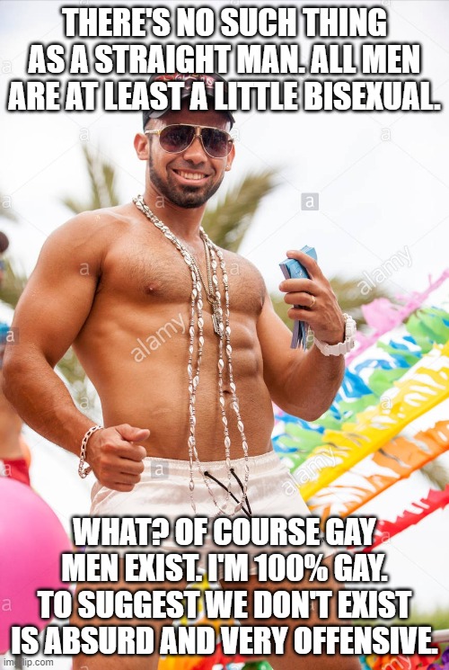 Gay douchebag | THERE'S NO SUCH THING AS A STRAIGHT MAN. ALL MEN ARE AT LEAST A LITTLE BISEXUAL. WHAT? OF COURSE GAY MEN EXIST. I'M 100% GAY. TO SUGGEST WE DON'T EXIST IS ABSURD AND VERY OFFENSIVE. | image tagged in gay douchebag,straight,bisexual,offensive | made w/ Imgflip meme maker