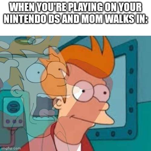 Oh no.... | WHEN YOU'RE PLAYING ON YOUR NINTENDO DS AND MOM WALKS IN: | image tagged in fry | made w/ Imgflip meme maker