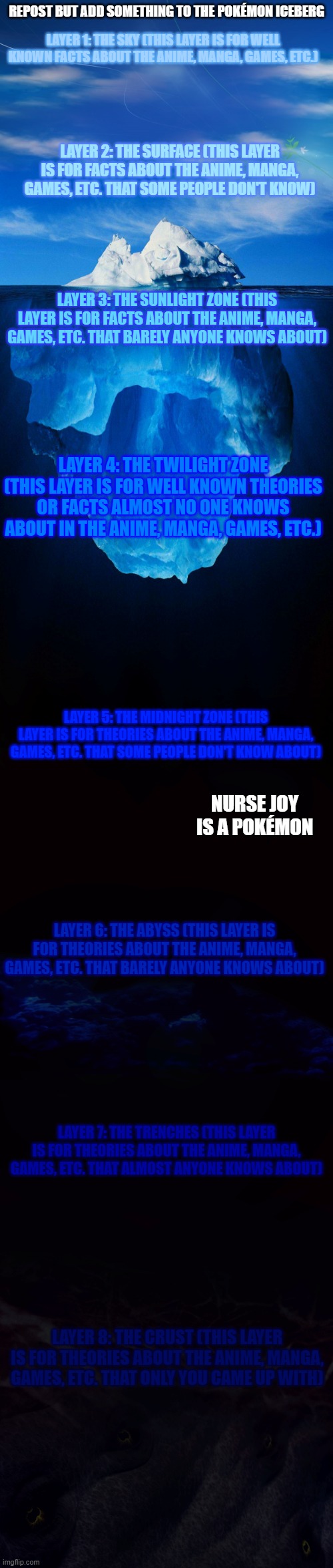 Repost but add to the iceberg. |  REPOST BUT ADD SOMETHING TO THE POKÉMON ICEBERG; LAYER 1: THE SKY (THIS LAYER IS FOR WELL KNOWN FACTS ABOUT THE ANIME, MANGA, GAMES, ETC.); LAYER 2: THE SURFACE (THIS LAYER IS FOR FACTS ABOUT THE ANIME, MANGA, GAMES, ETC. THAT SOME PEOPLE DON'T KNOW); LAYER 3: THE SUNLIGHT ZONE (THIS LAYER IS FOR FACTS ABOUT THE ANIME, MANGA, GAMES, ETC. THAT BARELY ANYONE KNOWS ABOUT); LAYER 4: THE TWILIGHT ZONE (THIS LAYER IS FOR WELL KNOWN THEORIES OR FACTS ALMOST NO ONE KNOWS ABOUT IN THE ANIME, MANGA, GAMES, ETC.); LAYER 5: THE MIDNIGHT ZONE (THIS LAYER IS FOR THEORIES ABOUT THE ANIME, MANGA, GAMES, ETC. THAT SOME PEOPLE DON'T KNOW ABOUT); NURSE JOY IS A POKÉMON; LAYER 6: THE ABYSS (THIS LAYER IS FOR THEORIES ABOUT THE ANIME, MANGA, GAMES, ETC. THAT BARELY ANYONE KNOWS ABOUT); LAYER 7: THE TRENCHES (THIS LAYER IS FOR THEORIES ABOUT THE ANIME, MANGA, GAMES, ETC. THAT ALMOST ANYONE KNOWS ABOUT); LAYER 8: THE CRUST (THIS LAYER IS FOR THEORIES ABOUT THE ANIME, MANGA, GAMES, ETC. THAT ONLY YOU CAME UP WITH) | image tagged in extended iceberg,iceberg,pokemon,memes,iceberg levels tiers,why are you reading this | made w/ Imgflip meme maker
