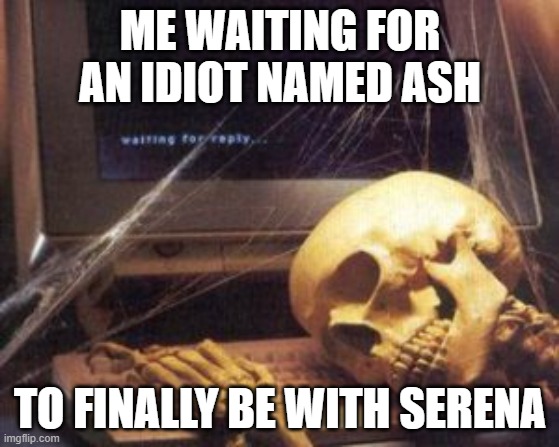 I'm still waiting |  ME WAITING FOR AN IDIOT NAMED ASH; TO FINALLY BE WITH SERENA | image tagged in skeleton computer,skeleton,amourshipping,pokemon,memes,why are you reading this | made w/ Imgflip meme maker
