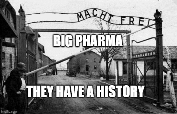 Auschwitz concentration camp blank | BIG PHARMA; THEY HAVE A HISTORY | image tagged in auschwitz concentration camp blank | made w/ Imgflip meme maker