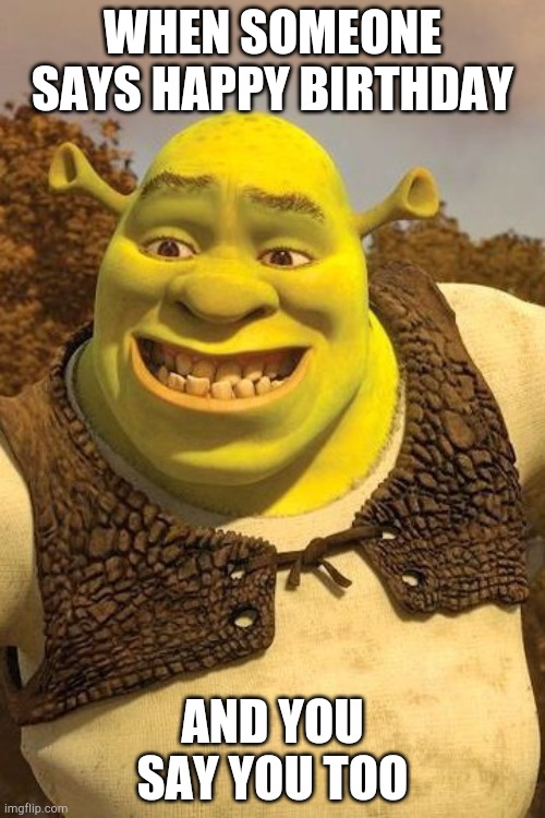 Smiling Shrek | WHEN SOMEONE SAYS HAPPY BIRTHDAY; AND YOU SAY YOU TOO | image tagged in smiling shrek | made w/ Imgflip meme maker