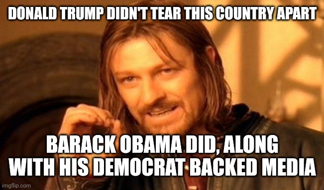 Donald Trump was just a response to 8 years of racism and hate that came from the Obama administration and his media lackeys. | DONALD TRUMP DIDN'T TEAR THIS COUNTRY APART; BARACK OBAMA DID, ALONG WITH HIS DEMOCRAT BACKED MEDIA | image tagged in memes,one does not simply | made w/ Imgflip meme maker