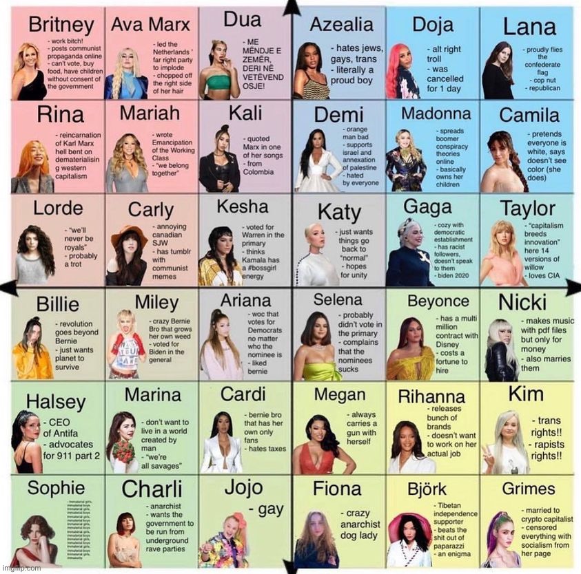 Pop singer political compass | image tagged in pop singer political compass | made w/ Imgflip meme maker