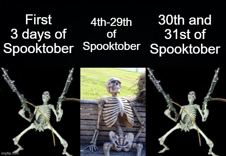 First 3 days of Spooktober; 4th-29th of Spooktober; 30th and 31st of Spooktober | image tagged in black background,skeleton with guns meme,memes,waiting skeleton | made w/ Imgflip meme maker