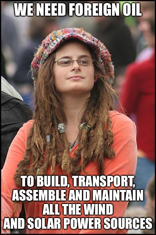 Hippie | WE NEED FOREIGN OIL TO BUILD, TRANSPORT, ASSEMBLE AND MAINTAIN
ALL THE WIND AND SOLAR POWER SOURCES | image tagged in hippie | made w/ Imgflip meme maker