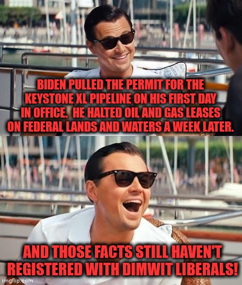 Leonardo Dicaprio Wolf Of Wall Street Meme | BIDEN PULLED THE PERMIT FOR THE KEYSTONE XL PIPELINE ON HIS FIRST DAY IN OFFICE.  HE HALTED OIL AND GAS LEASES ON FEDERAL LANDS AND WATERS A | image tagged in memes,leonardo dicaprio wolf of wall street | made w/ Imgflip meme maker