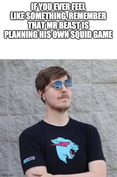 mrbeast | IF YOU EVER FEEL LIKE SOMETHING, REMEMBER THAT MR BEAST IS PLANNING HIS OWN SQUID GAME | image tagged in mrbeast | made w/ Imgflip meme maker