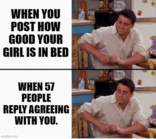 Joey shocked |  WHEN YOU POST HOW GOOD YOUR GIRL IS IN BED; WHEN 57 PEOPLE REPLY AGREEING WITH YOU. | image tagged in joey shocked | made w/ Imgflip meme maker