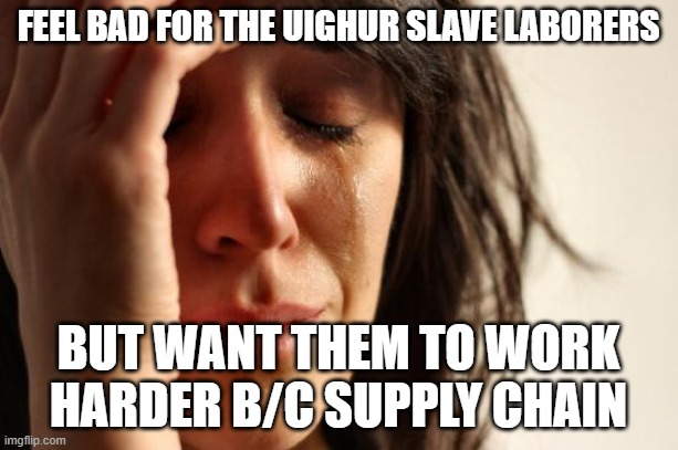 import next port | FEEL BAD FOR THE UIGHUR SLAVE LABORERS; BUT WANT THEM TO WORK HARDER B/C SUPPLY CHAIN | image tagged in memes,first world problems,uighur,slave labor,china,supply chain | made w/ Imgflip meme maker