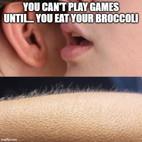 Whisper and Goosebumps | YOU CAN'T PLAY GAMES UNTIL... YOU EAT YOUR BROCCOLI | image tagged in whisper and goosebumps | made w/ Imgflip meme maker