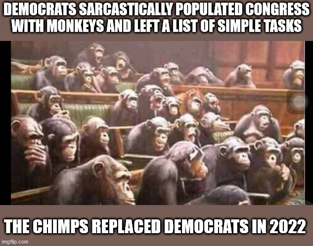 Congress | DEMOCRATS SARCASTICALLY POPULATED CONGRESS WITH MONKEYS AND LEFT A LIST OF SIMPLE TASKS; THE CHIMPS REPLACED DEMOCRATS IN 2022 | image tagged in chimps,democrats | made w/ Imgflip meme maker