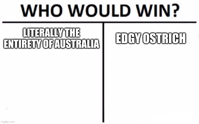 emus won a war against australia (BUT HOW THO) | LITERALLY THE ENTIRETY OF AUSTRALIA; EDGY OSTRICH | made w/ Imgflip meme maker