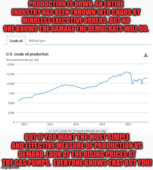 PRODUCTION IS DOWN, AN ENTIRE INDUSTRY HAS BEEN THROWN INTO CHAOS BY MINDLESS EXECUTIVE ORDERS, BUT NO ONE KNOWS THE DAMAGE THE DEMOCRATS WI | made w/ Imgflip meme maker