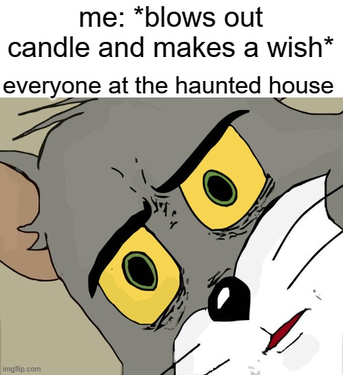 YOU DID WHAT | me: *blows out candle and makes a wish*; everyone at the haunted house | image tagged in memes,unsettled tom | made w/ Imgflip meme maker