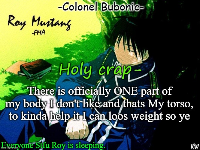 *Loose Holy god I can't spell | Holy crap-; There is officially ONE part of my body I don't like and thats My torso, to kinda help it I can loos weight so ye | image tagged in roy nap | made w/ Imgflip meme maker