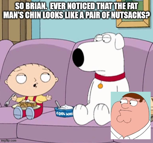 Stewie Griffin's Keen Observational Skills | SO BRIAN.  EVER NOTICED THAT THE FAT MAN'S CHIN LOOKS LIKE A PAIR OF NUTSACKS? | image tagged in peter griffin's chin,stewie griffin hating on the fat man's chin,peter griffin's nuts | made w/ Imgflip meme maker
