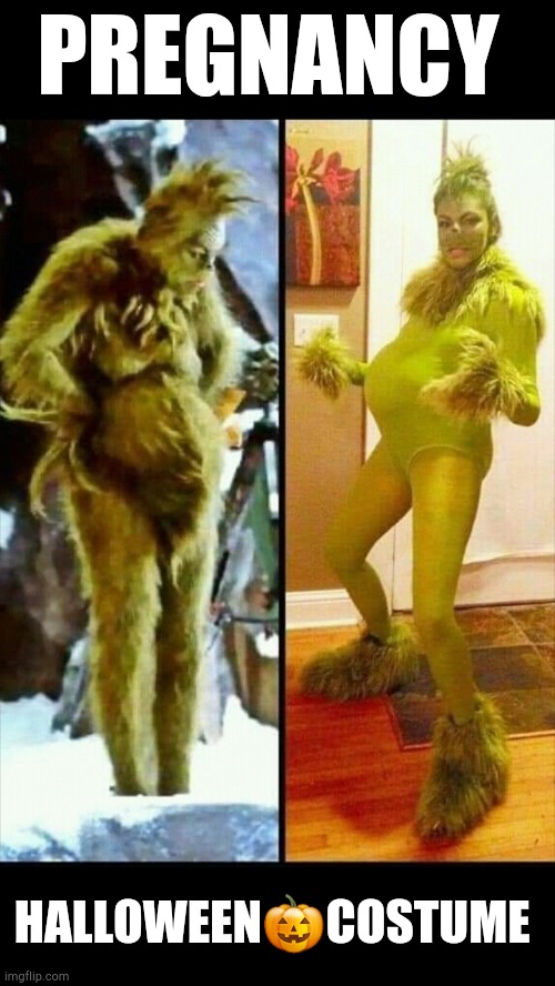 Grinch pregnant | PREGNANCY; HALLOWEEN🎃COSTUME | image tagged in grinch,halloween,pregnant woman,costumes,funny,christmas | made w/ Imgflip meme maker
