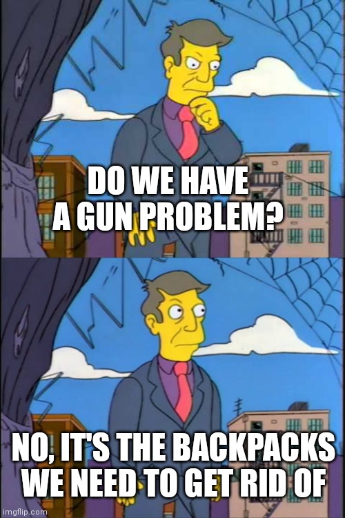 Skinner | DO WE HAVE A GUN PROBLEM? NO, IT'S THE BACKPACKS WE NEED TO GET RID OF | image tagged in skinner | made w/ Imgflip meme maker