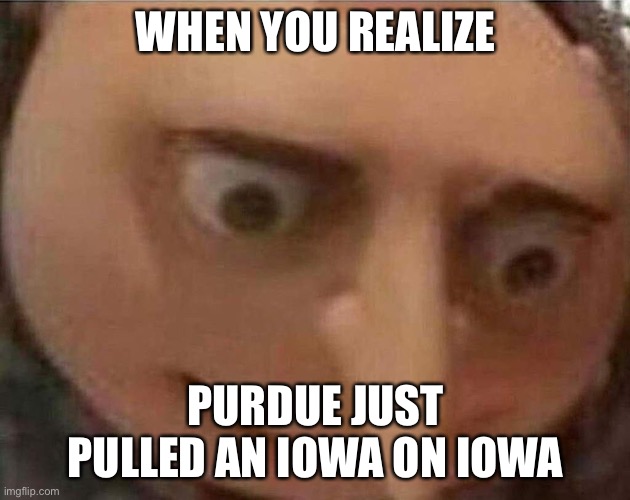 iowa likes to derail a top team every year (although so does purdue) | WHEN YOU REALIZE; PURDUE JUST PULLED AN IOWA ON IOWA | image tagged in gru meme,iowa football,iowa,purdue,derail | made w/ Imgflip meme maker