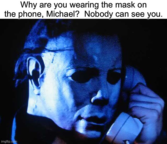 HACKERS | Why are you wearing the mask on the phone, Michael?  Nobody can see you. | image tagged in michael myers | made w/ Imgflip meme maker