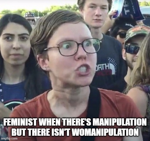 Feminist when | FEMINIST WHEN THERE'S MANIPULATION BUT THERE ISN'T WOMANIPULATION | image tagged in triggered feminist | made w/ Imgflip meme maker