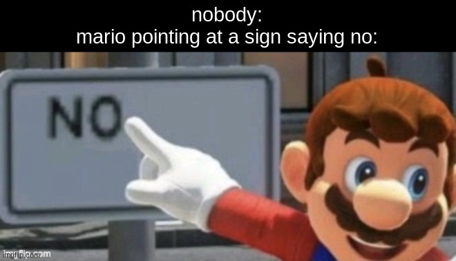I NEED THIS REPOSTED INTO ANTIMEME, SO I'LL DO IT MYSELF | nobody:
mario pointing at a sign saying no: | image tagged in mario no sign | made w/ Imgflip meme maker