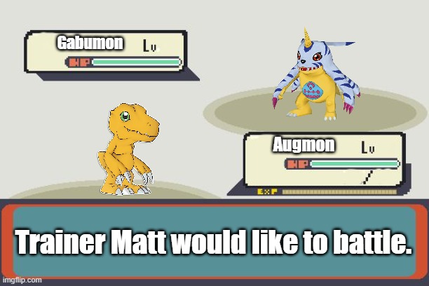 Augmon vs Gabumon. Who will win? | Gabumon; Augmon; Trainer Matt would like to battle. | image tagged in pokemon battle | made w/ Imgflip meme maker