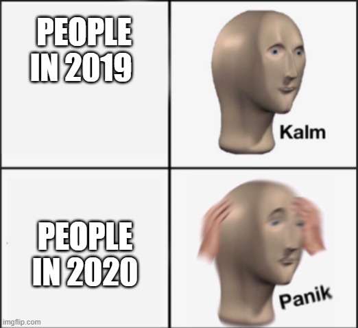 kalm panik |  PEOPLE IN 2019; PEOPLE IN 2020 | image tagged in kalm panik | made w/ Imgflip meme maker