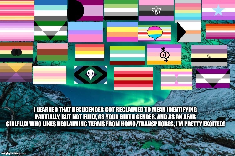 It used to mean you were cis but didn’t want to use that label. | I LEARNED THAT RECUGENDER GOT RECLAIMED TO MEAN IDENTIFYING PARTIALLY, BUT NOT FULLY, AS YOUR BIRTH GENDER. AND AS AN AFAB GIRLFLUX WHO LIKES RECLAIMING TERMS FROM HOMO/TRANSPHOBES, I’M PRETTY EXCITED! | image tagged in northern lights announcement | made w/ Imgflip meme maker