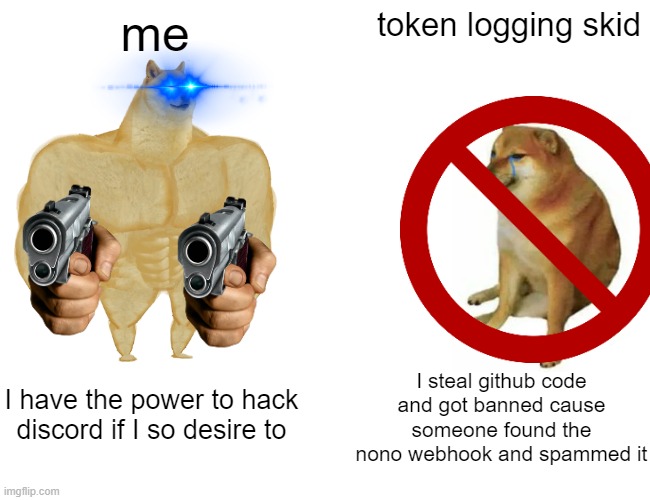 Do not try to token log a hacker | me; token logging skid; I steal github code and got banned cause someone found the nono webhook and spammed it; I have the power to hack discord if I so desire to | image tagged in memes,buff doge vs cheems | made w/ Imgflip meme maker