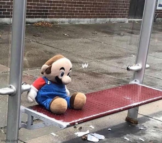 Plush Mario on bus stop | image tagged in plush mario on bus stop | made w/ Imgflip meme maker