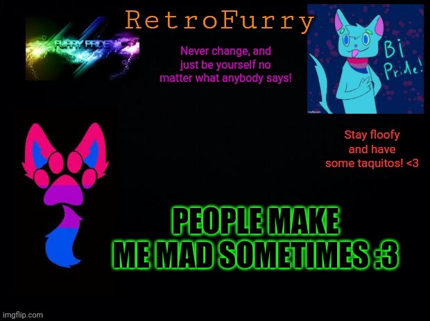 :3 | PEOPLE MAKE ME MAD SOMETIMES :3 | image tagged in retrofurry bisexual announcement template | made w/ Imgflip meme maker