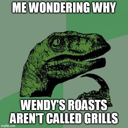 srsly tho | ME WONDERING WHY; WENDY'S ROASTS AREN'T CALLED GRILLS | image tagged in memes,philosoraptor,wendy's,roast,wendy's roasts | made w/ Imgflip meme maker